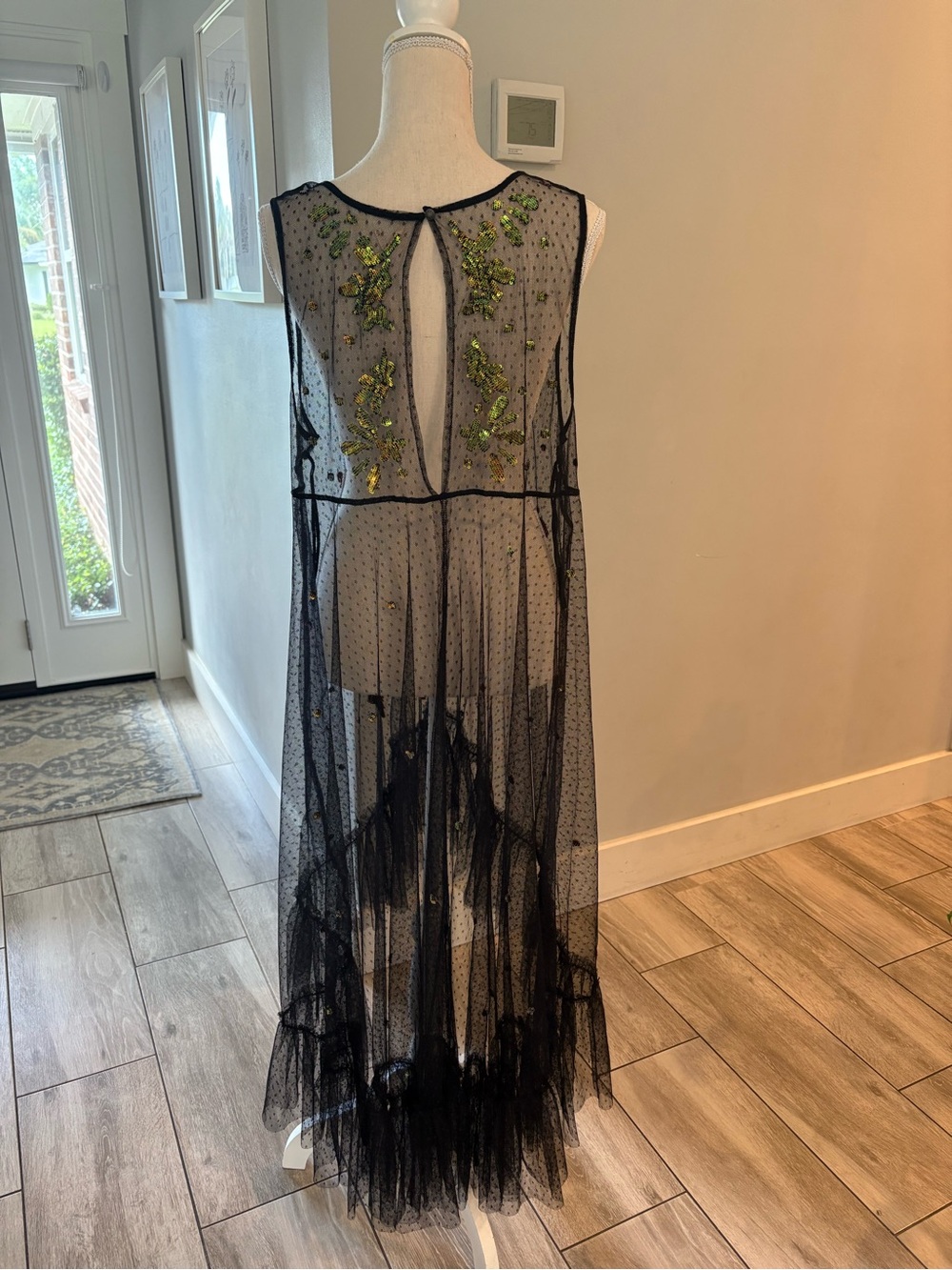 Free People Festival Black Sheer Mesh Dress with Green Sequin Embroidery, boho - Picture 5 of 11